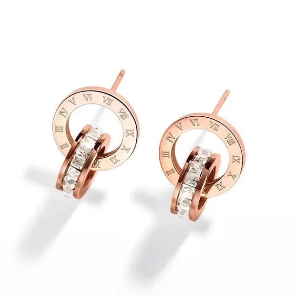 Roman Numeral Drop Earrings - Rose Gold Plated - Picture 2 of 3